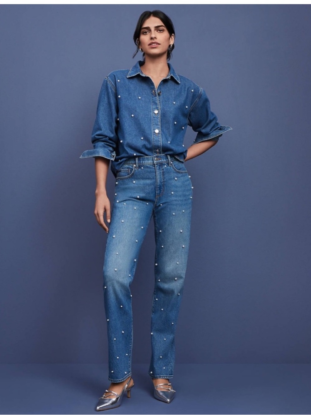 High Waisted Pearl-Embellished Straight Leg Blue Denim Jeans